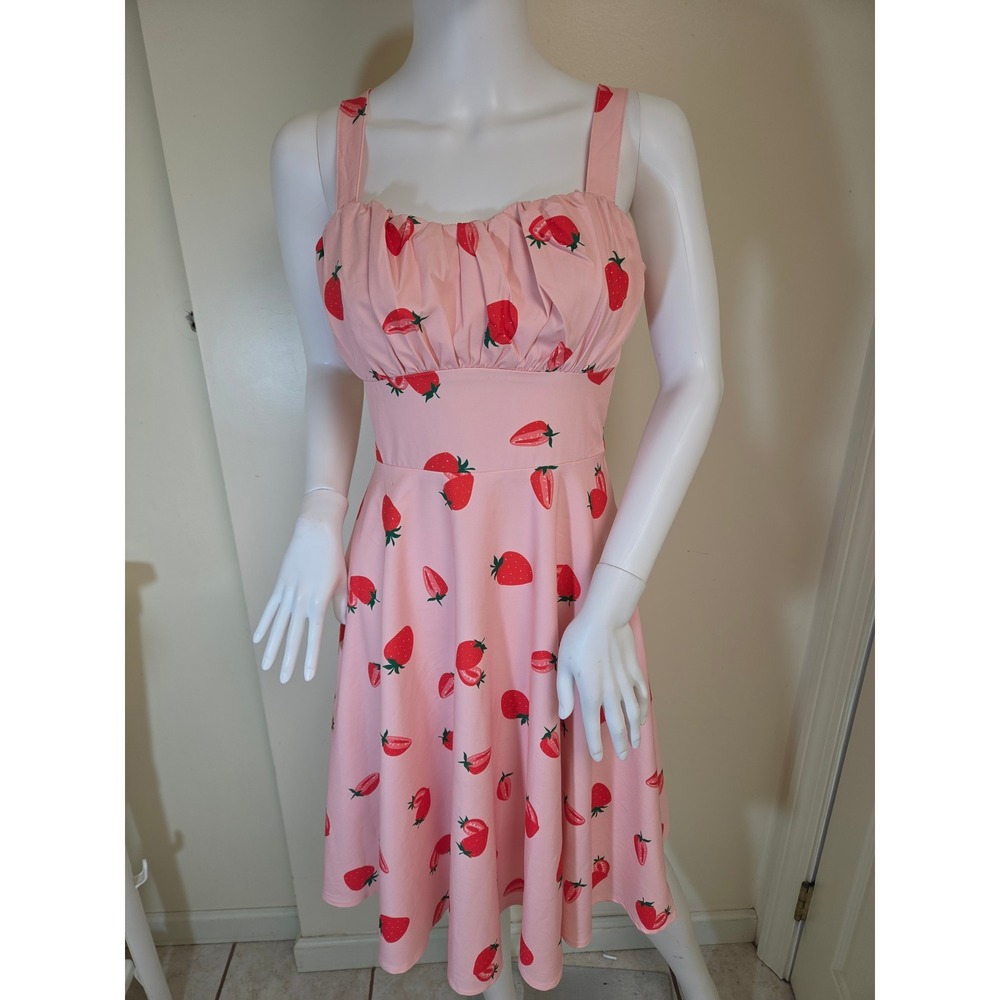 Belle Poque Pink Strawberry Print Fit and Flare Retro Rockabilly Dress Small